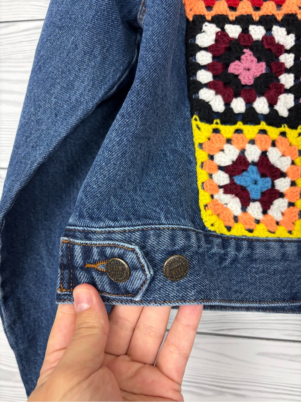 FARM Rio for Anthropologie crochet denim trucker jean jacket size medium boho - Picture 11 of 12